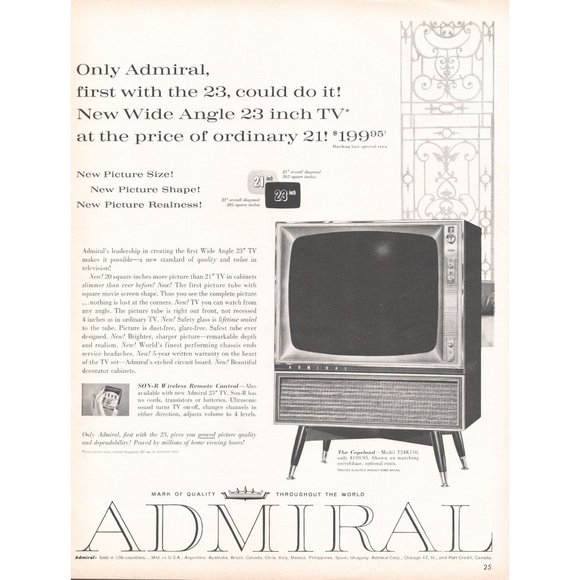 1960 Admiral Television 23" TV Vintage Print Ad Midcentury MCM Decor Wall Art - Picture 1 of 1